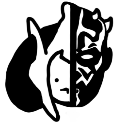 a black-and-white illustration that on the left shows Queen Amidala's face and on the right shows Darth Maul's. it has a white outline.